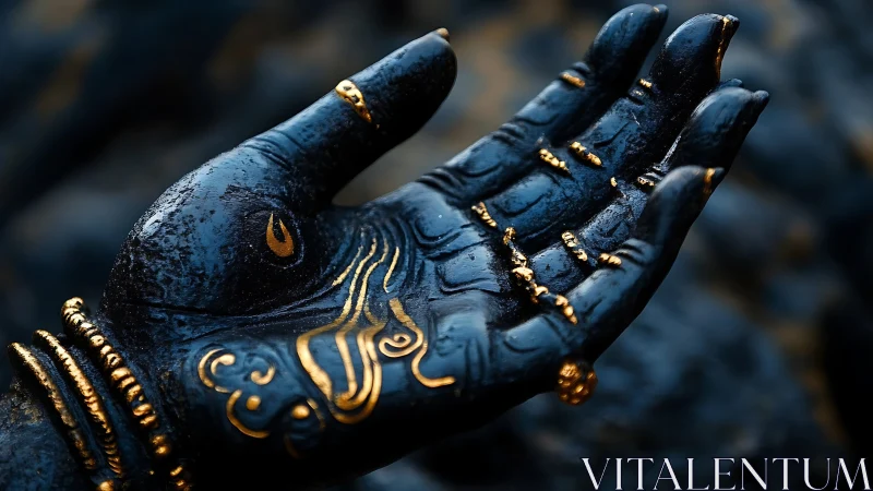 Black statue hand with gold details and wet texture.
