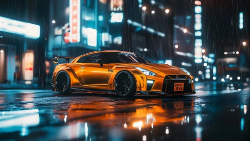 Orange sports car on wet neon city street at night.