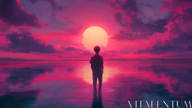 Solitary figure greets a neon sunset over mirrored water