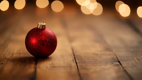 Red Christmas bauble rests on wooden surface with blurred lights