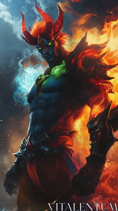 Elemental demon warrior wreathed in fire and frost.