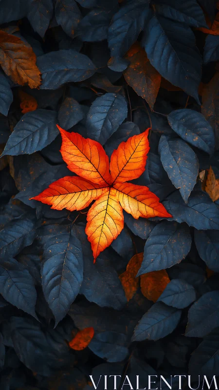 Lone ember leaf burns brightly in a sea of midnight foliage