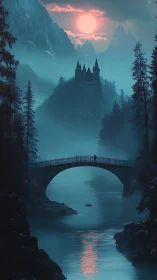 Moonlit alpine bridge and distant castle in cyan mist