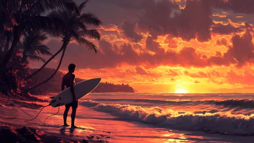 Surfer watches blazing tropical sunset over rolling waves.