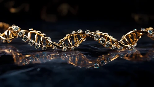 Luxurious Golden DNA Helix with Diamonds on Reflective Surface.