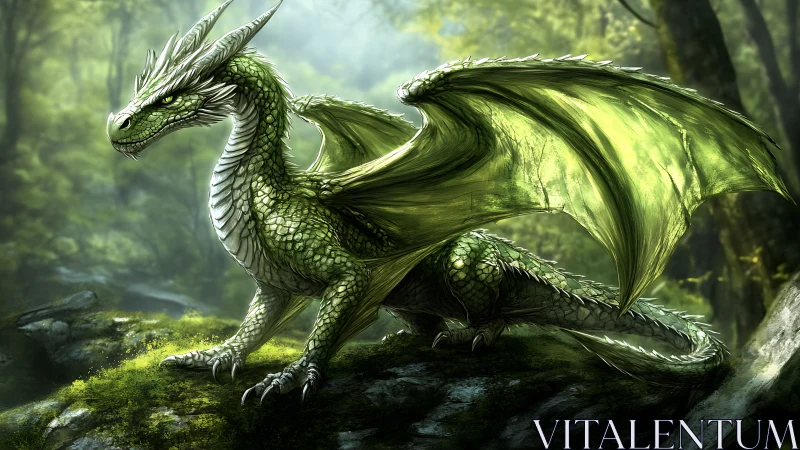 Gentle emerald dragon resting in sunlit forest glade.