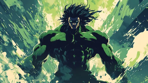 Towering green warrior rising in a storm of raw power.