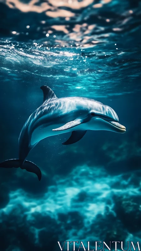 Dolphin swimming in clear blue ocean water, lit from above.