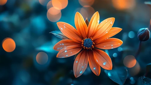 Orange Daisy with Water Droplets Against Blue Bokeh Background
