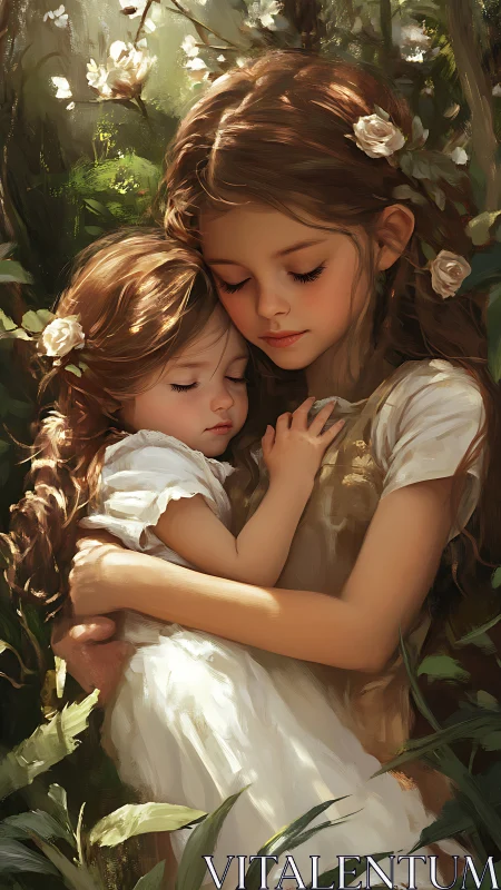 Sisters Embraced in Blooming Garden