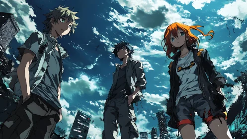 Three anime teens stand in ruined city under stormy sky.