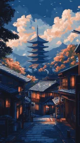 Twilight street view toward tiered Japanese pagoda and hills