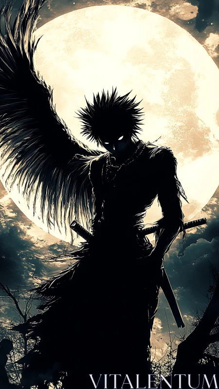 Midnight winged swordsman carves shadows from the full moon