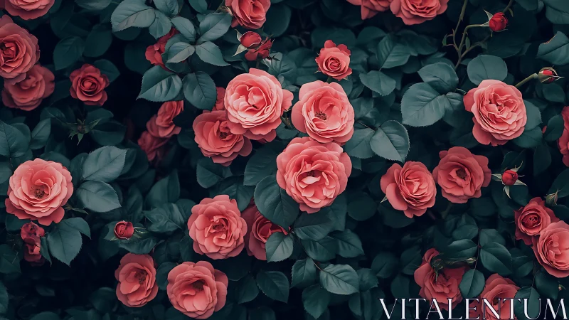 Garden roses bloom in layered coral and deep teal palette.