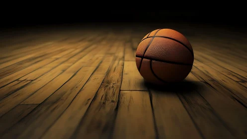 Basketball resting on wooden court in low dramatic light.
