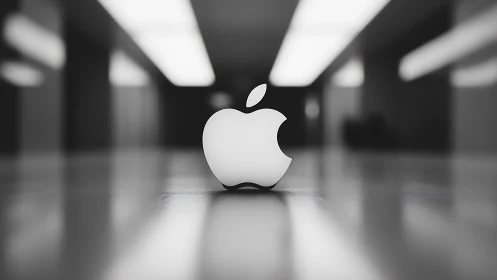 Apple-style logo sculpture on reflective floor in hallway.