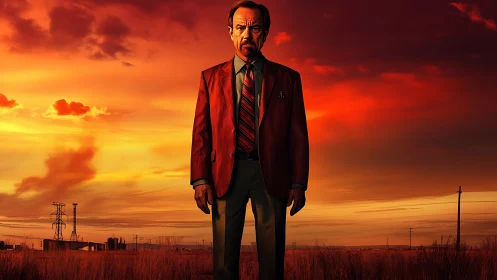 Solitary suited figure under saturated desert sunset sky.