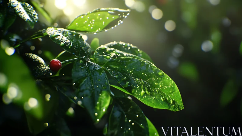 Rain-kissed green leaves catch sunrise bokeh glow.