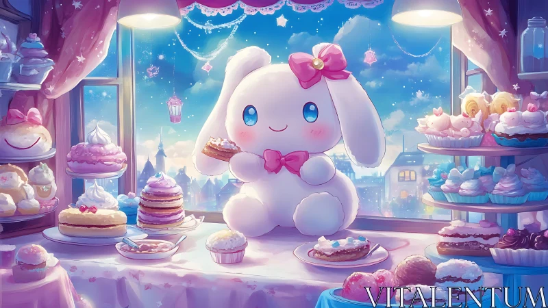 White plush rabbit sits among assorted pastries by window