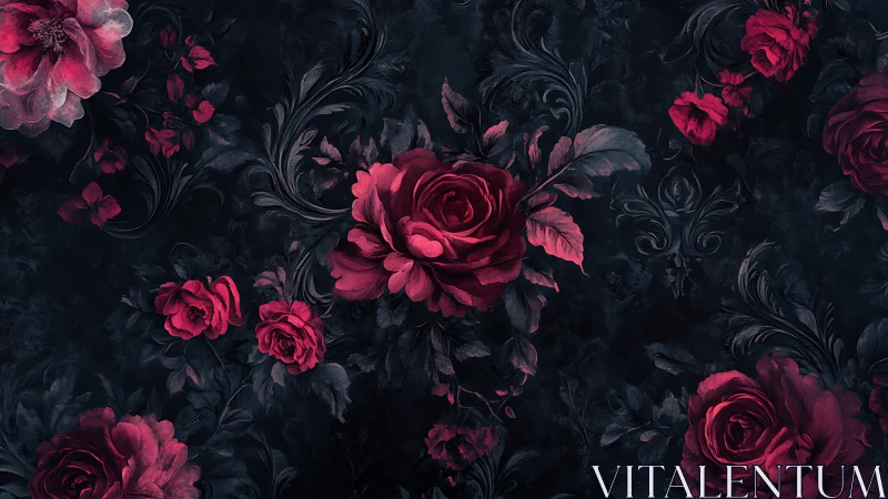 Ornamental Floral Pattern with Red Roses on Dark Background