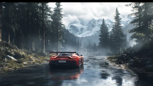 Aerodynamic GT supercar on wet alpine forest roadway at dawn.