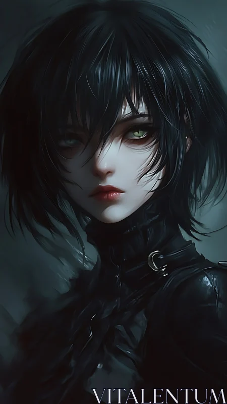 Digital portrait of pale figure with dark hair in leather attire.