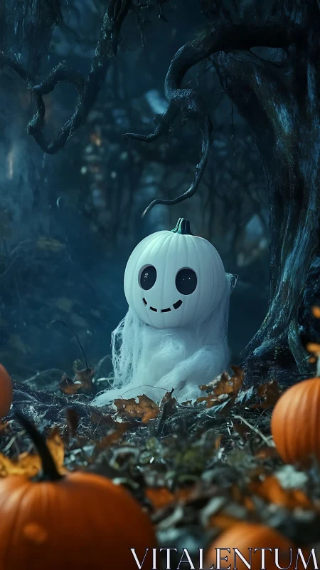 Gentle ghost pumpkin smiles softly in a moonlit forest