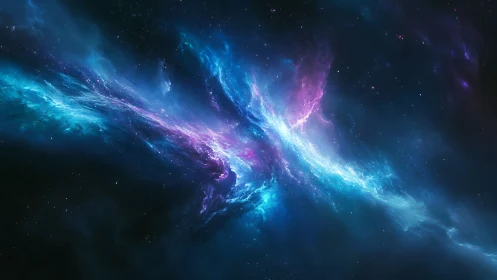 Luminous cyan and violet nebula streaming through space.