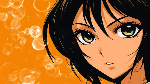 Amber gaze amid bubbles on vivid orange anime backdrop.
