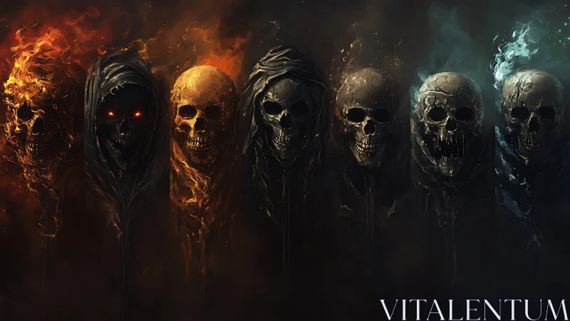 Seven spectral skulls trade flames and frost in eerie silence