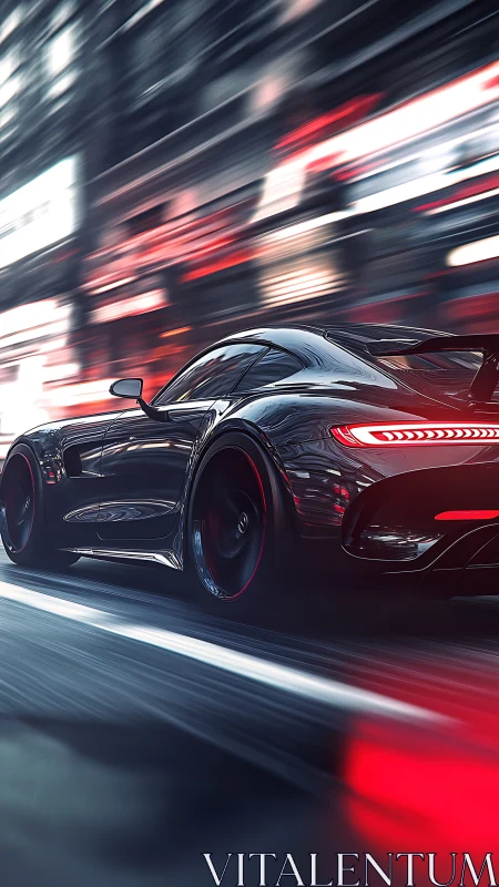 Black sports car racing through neon lit city street at night.