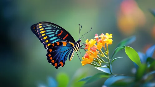 Iridescent swallowtail butterfly on lantana under shallow bokeh field.