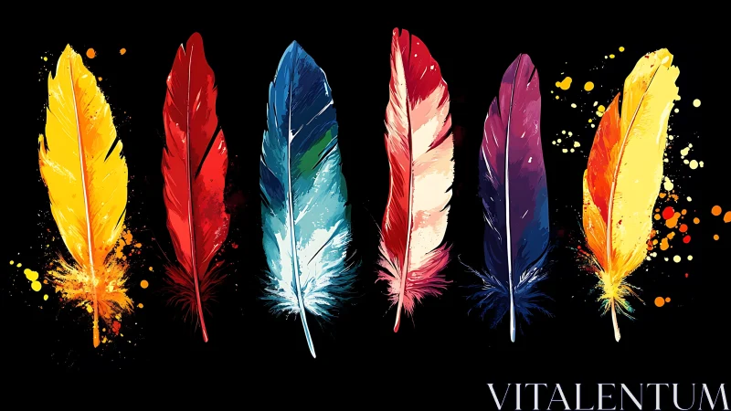 Row of six multicolored feathers on black background.