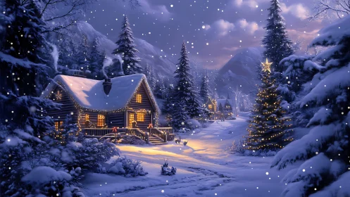 Snow-kissed cabin dreams glow warmly beneath winter starlight