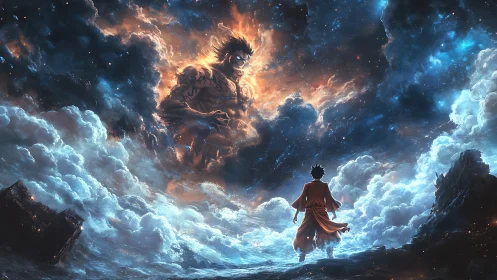 Figure observes colossal fiery entity within clouded sky.