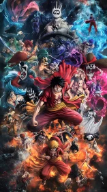 Epic anime heroes surging through fire, magic, and stormy skies.