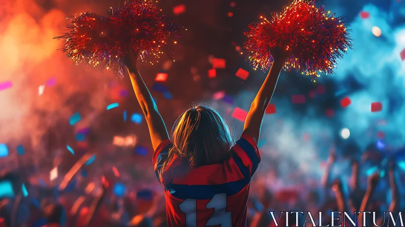 Cheerleader lifts red pom poms above crowd in stadium light