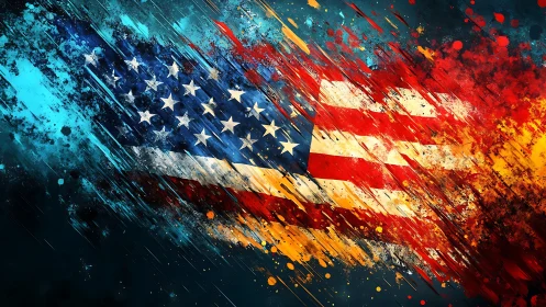 Bold American flag bursting with energetic color and motion.