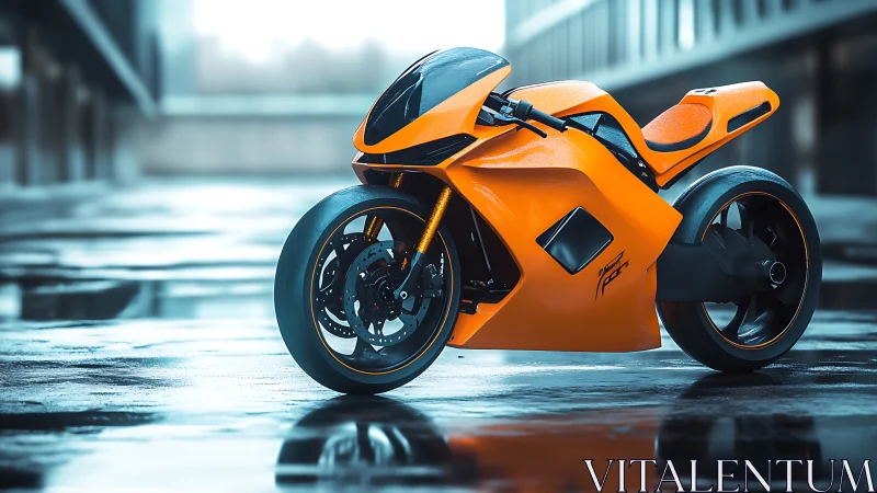 Neon street predator: orange superbike on rainlit asphalt.