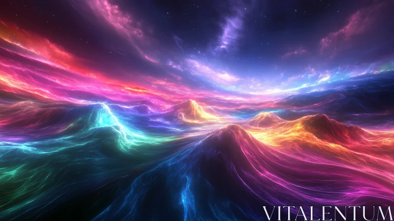 Multicolored luminous wave forms extend beneath a nebular sky