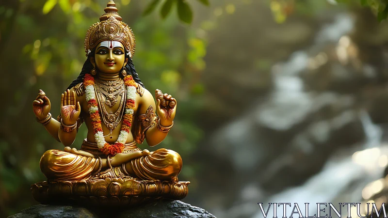 Golden Hindu deity statue beside soft forest waterfall.