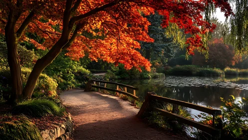 Amber canopy over a winding lakeside path at hush-hour dusk.