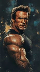 Muscular warrior portrait stands against grunge abstract backdrop.