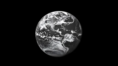 Monochrome satellite view of Earth with detailed cloud structures.