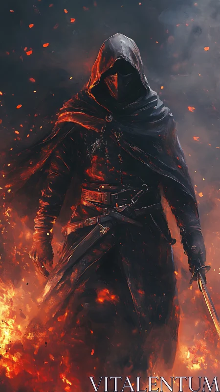 Hooded fire warrior emerging from blazing inferno storm.