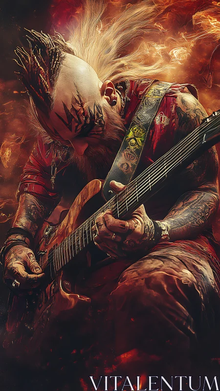 Fiery tattooed guitarist lost in an electrifying solo.