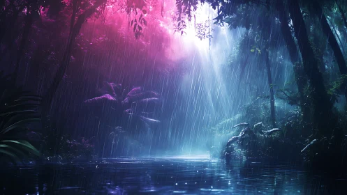 Bioluminescent Rain Forest: Mystical Waterfall in Neon Light.