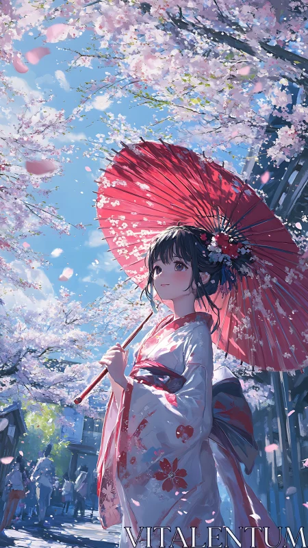 Kimono-clad girl under red wagasa in cherry blossom avenue