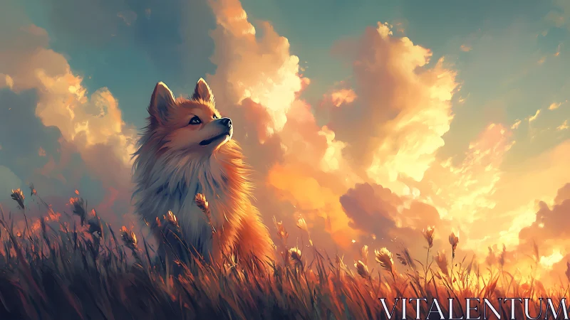 Canid profile in grassland under illuminated cloud sky.