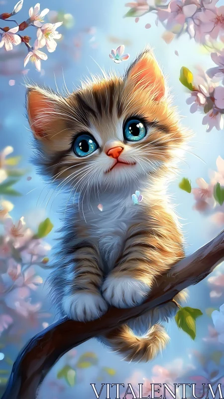 Kitten with Blue Eyes on Branch Among Spring Blossoms.